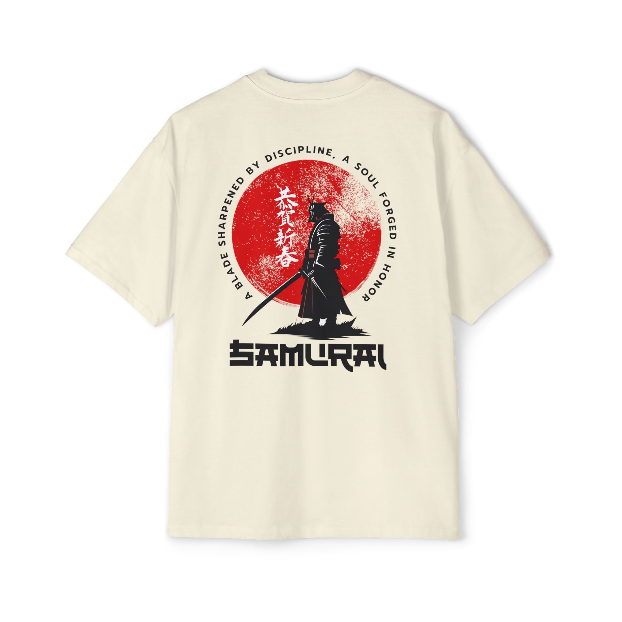 Beige t-shirt with a Samurai design on the back featuring a red circle and black text.