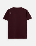 Back view of maroon t-shirt with small embroidered fox logo on upper left