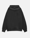 Back view of plain black hoodie with ribbed cuffs and hem on white background