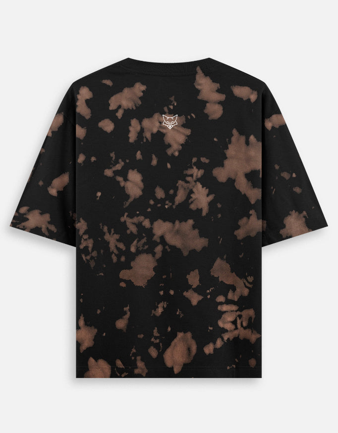Black and brown tie-dye t-shirt with a logo on the chest against a white background