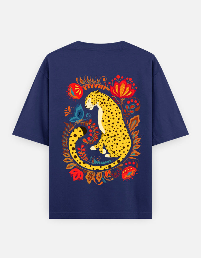 Navy blue t-shirt with a colorful floral and cheetah graphic on the back