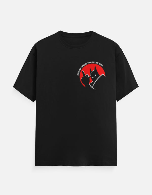 Black t-shirt with a red and white graphic on a white background