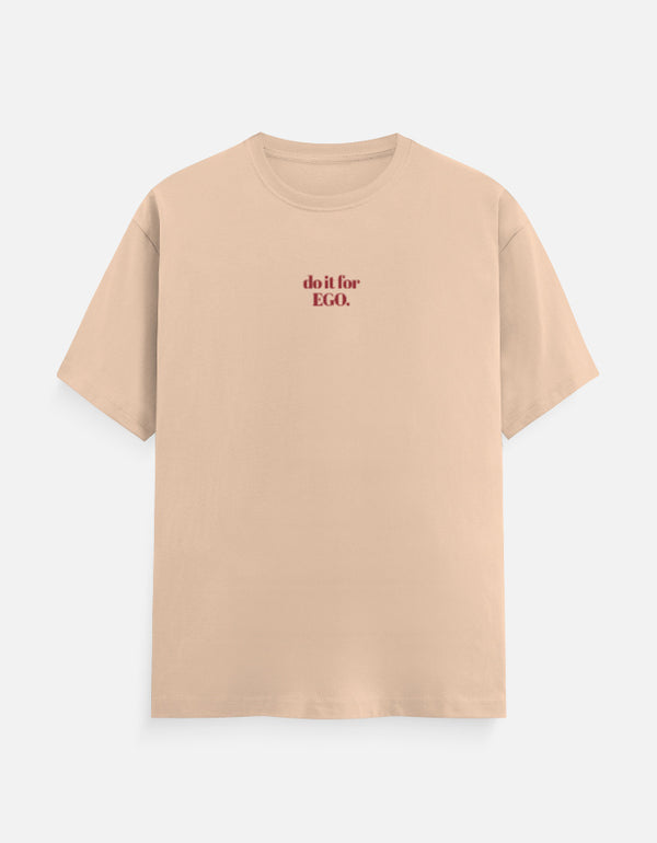 Beige t-shirt with text on a white background