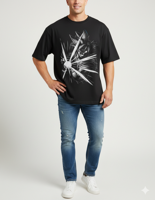 Person wearing a black t-shirt with a graphic design on a white background