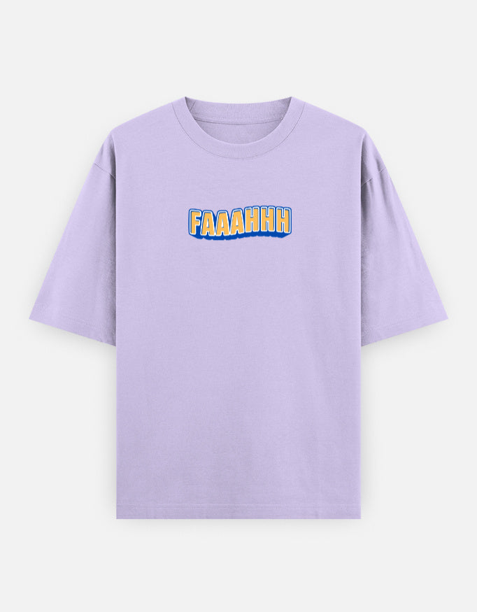 Purple t-shirt with a dinosaur graphic and 'Faaahhh' text on a white background
