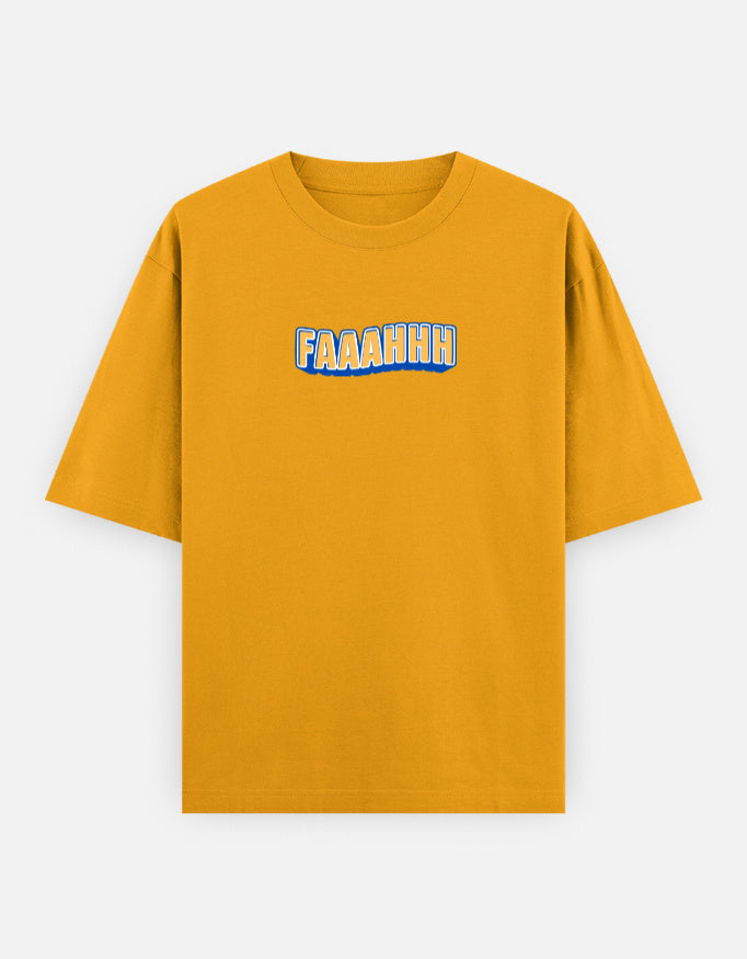 Yellow t-shirt with blue and red text on a white background