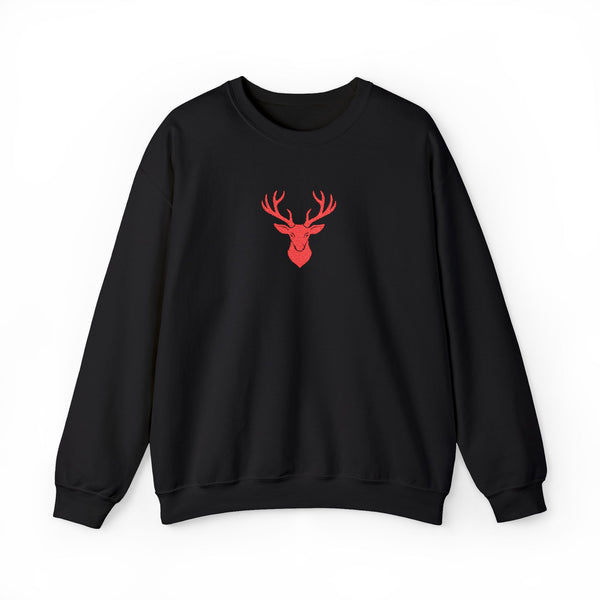 Black sweatshirt with a red deer head design on a white background