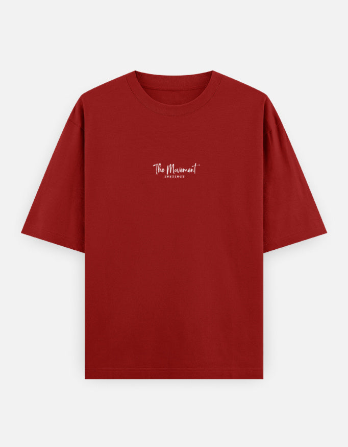 Red t-shirt with white text on a white background