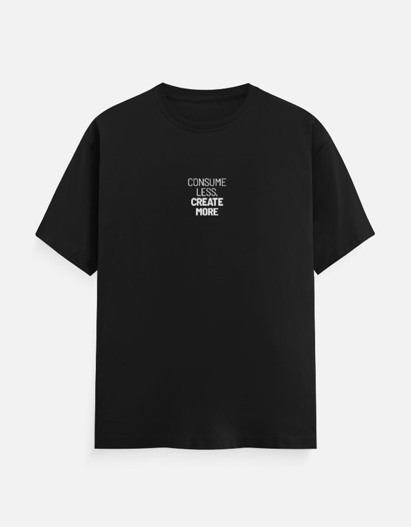 Black t-shirt with white text on a light gray background