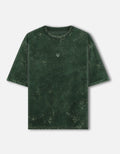 Green acid wash t-shirt with small embroidered fox head logo on chest, short sleeves, crew neck