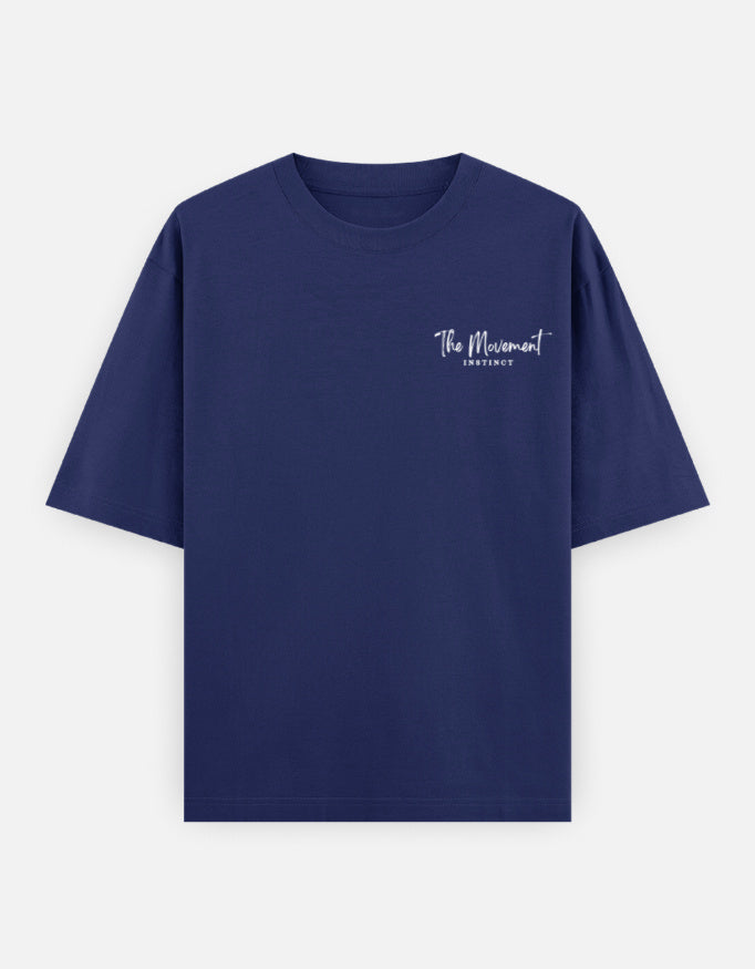 Navy blue crew neck t-shirt with 'The Movement Instinct' text on the left chest
