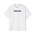 White t-shirt with black text on a white background