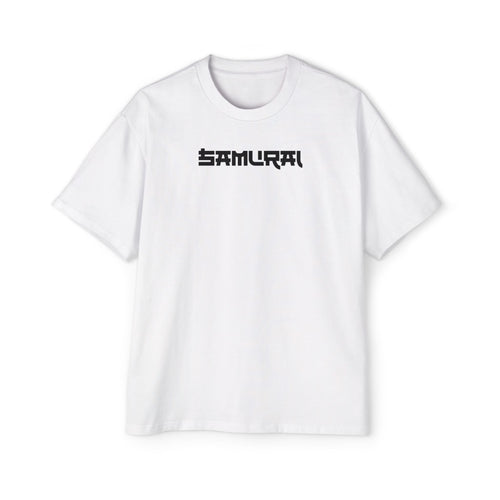 White t-shirt with black text on a white background
