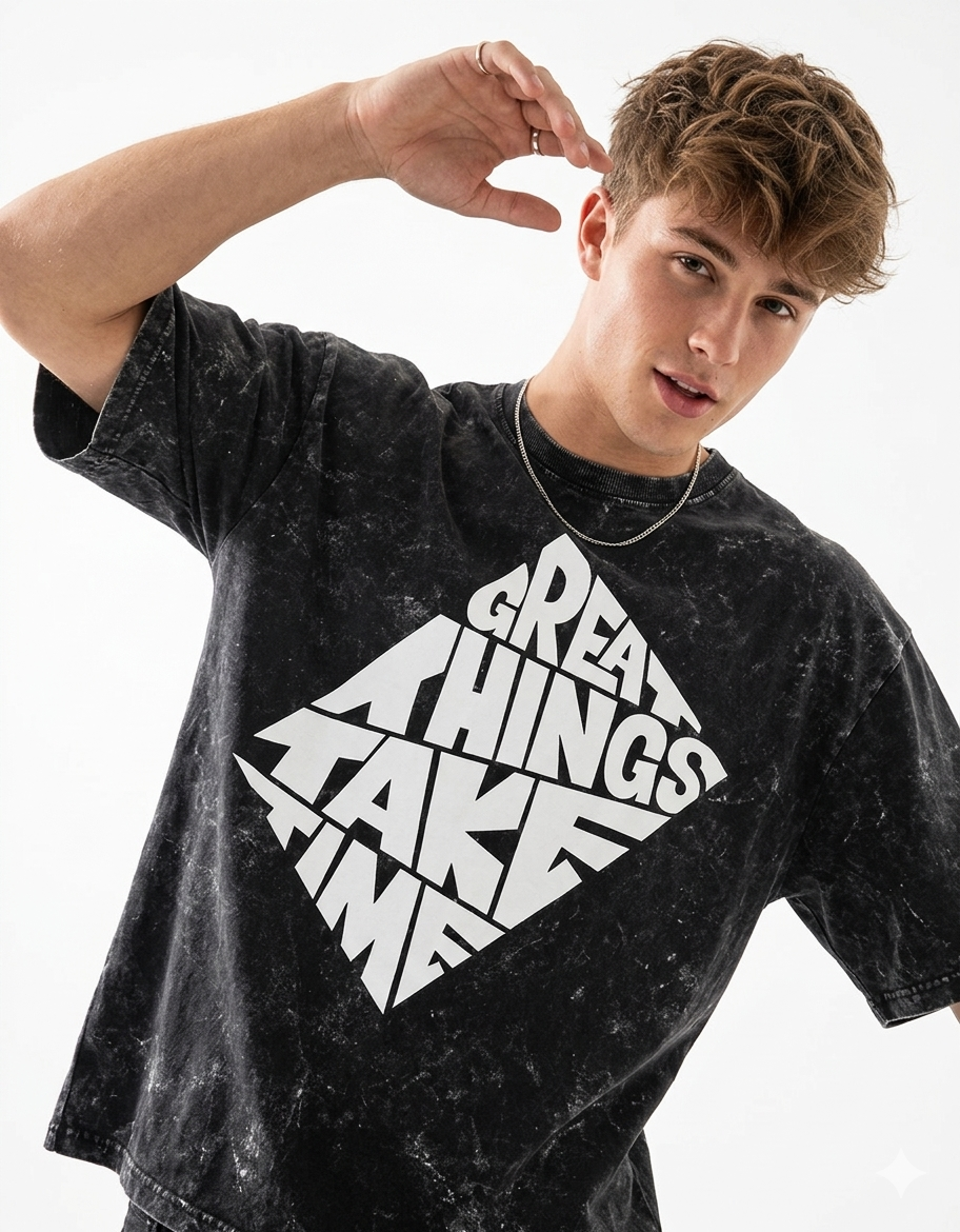 Person wearing a black t-shirt with 'Great things take time' text on a white background - Tinyfox