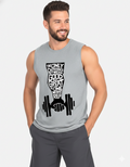 Man wearing a gray sleeveless shirt with a motivational quote and dumbbell graphic on a white background