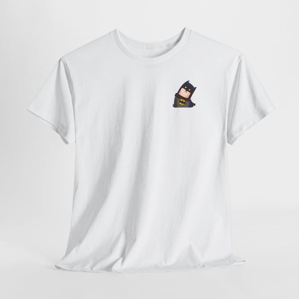 White t-shirt with a small black and yellow graphic on a light gray background