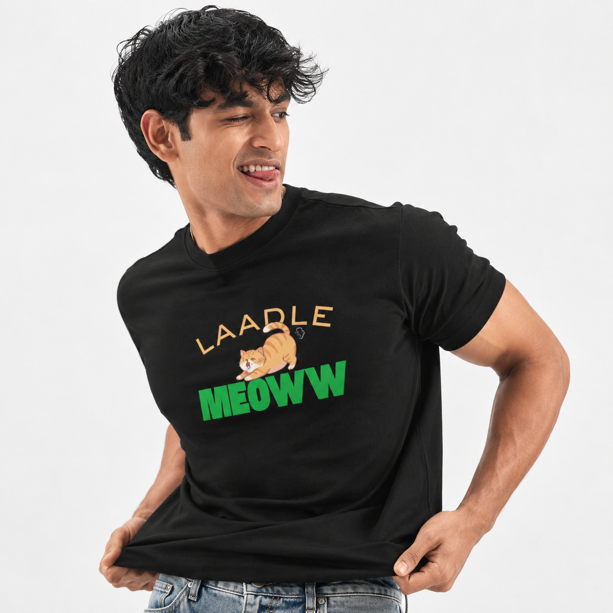 Man wearing a black t-shirt with 'LAADLE MEOWW' text and a cat graphic on a light gray background