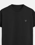 Black crew neck t-shirt with small fox logo on left chest, minimalist casual style