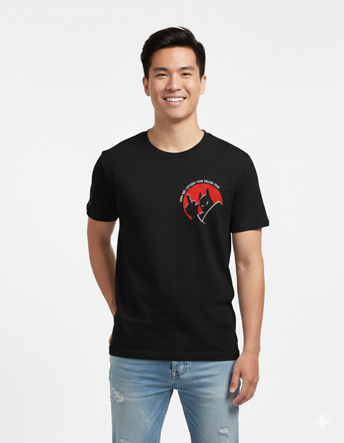 Man wearing a black t-shirt with a red graphic design on a white background