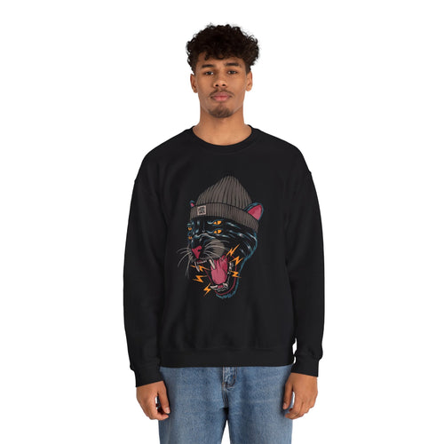 Person wearing a black sweatshirt with a panther graphic design on a white background - Tinyfox