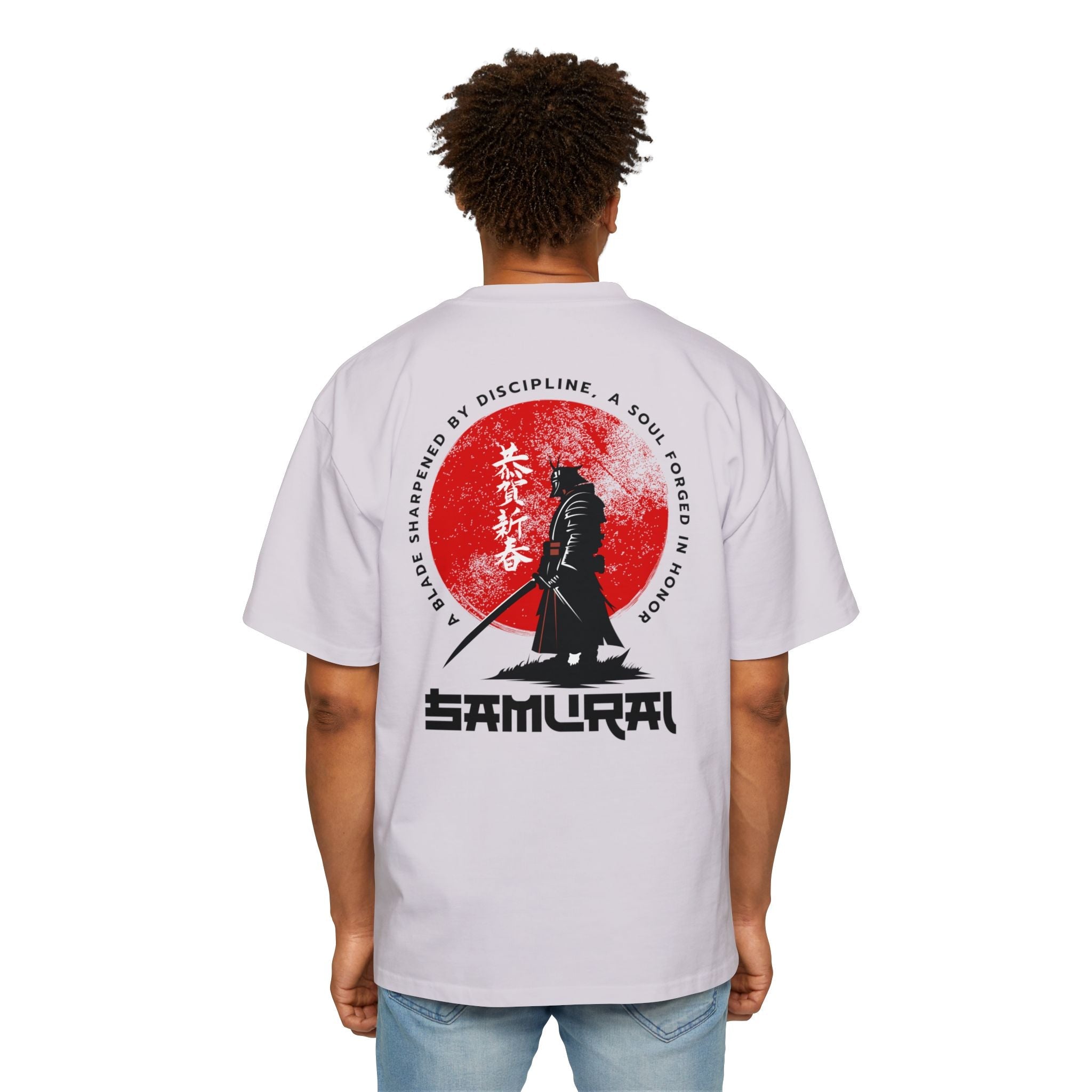 Person wearing a white t-shirt with a Samurai design on the back, standing against a white background.
