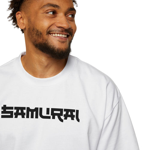 Man wearing a white long-sleeve shirt with 'Samurai' logo on a plain background