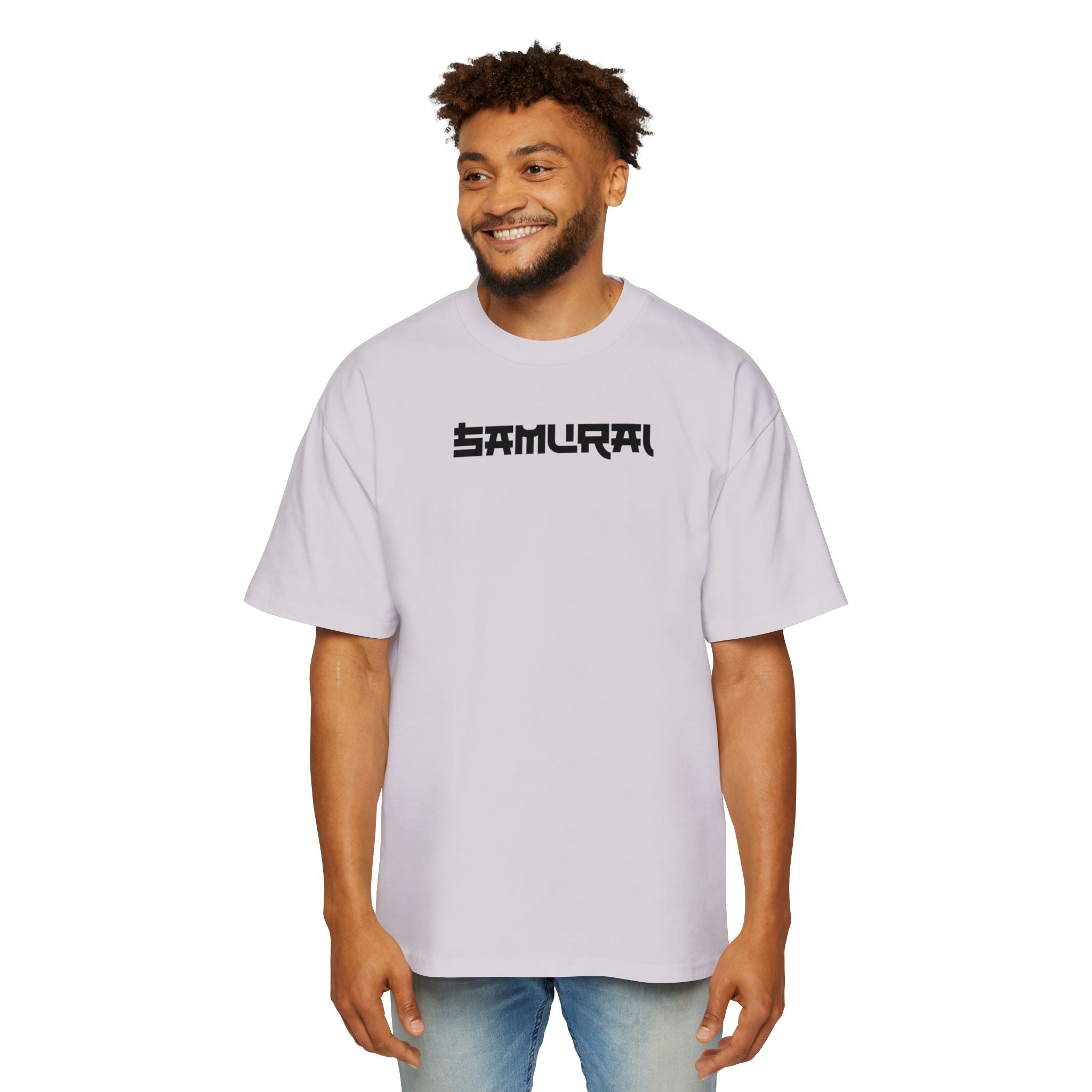 Man wearing a light gray t-shirt with 'Samurai' logo on a white background