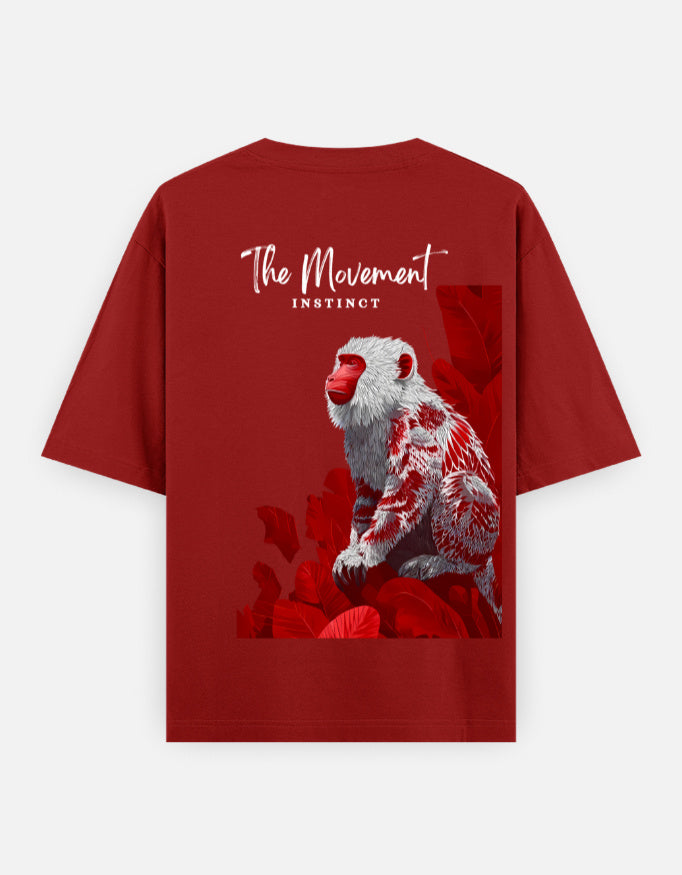 Red t-shirt with a monkey graphic and text on the back against a white background